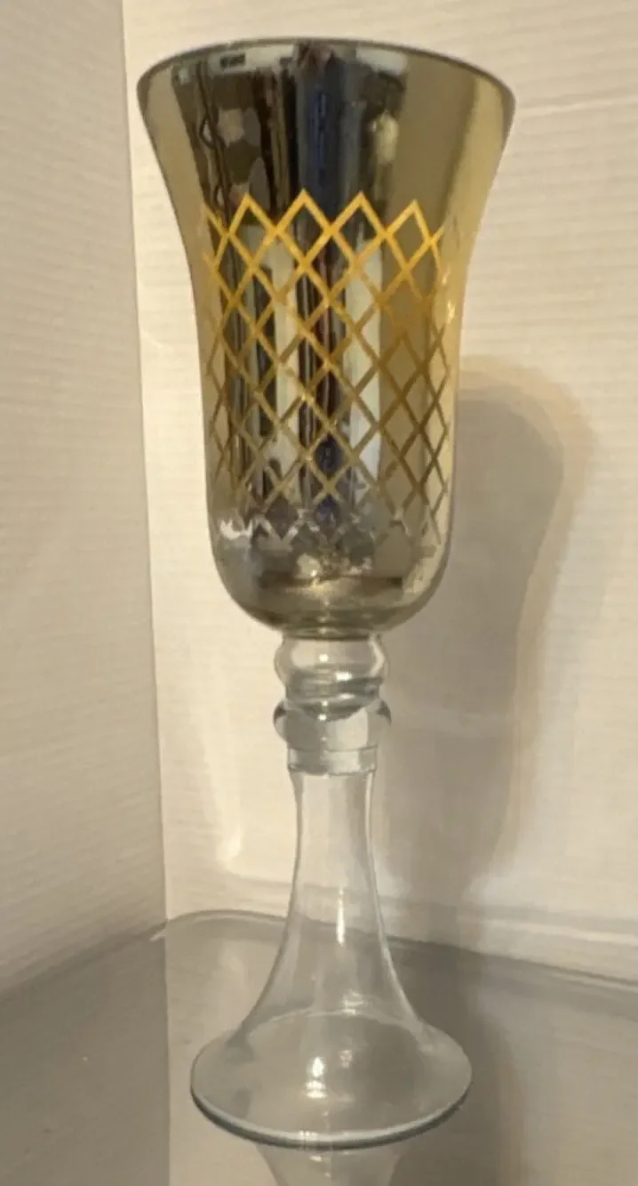Glass candle holder, Clear & Gold, Geometric Pattern, Decorative Gold Accents